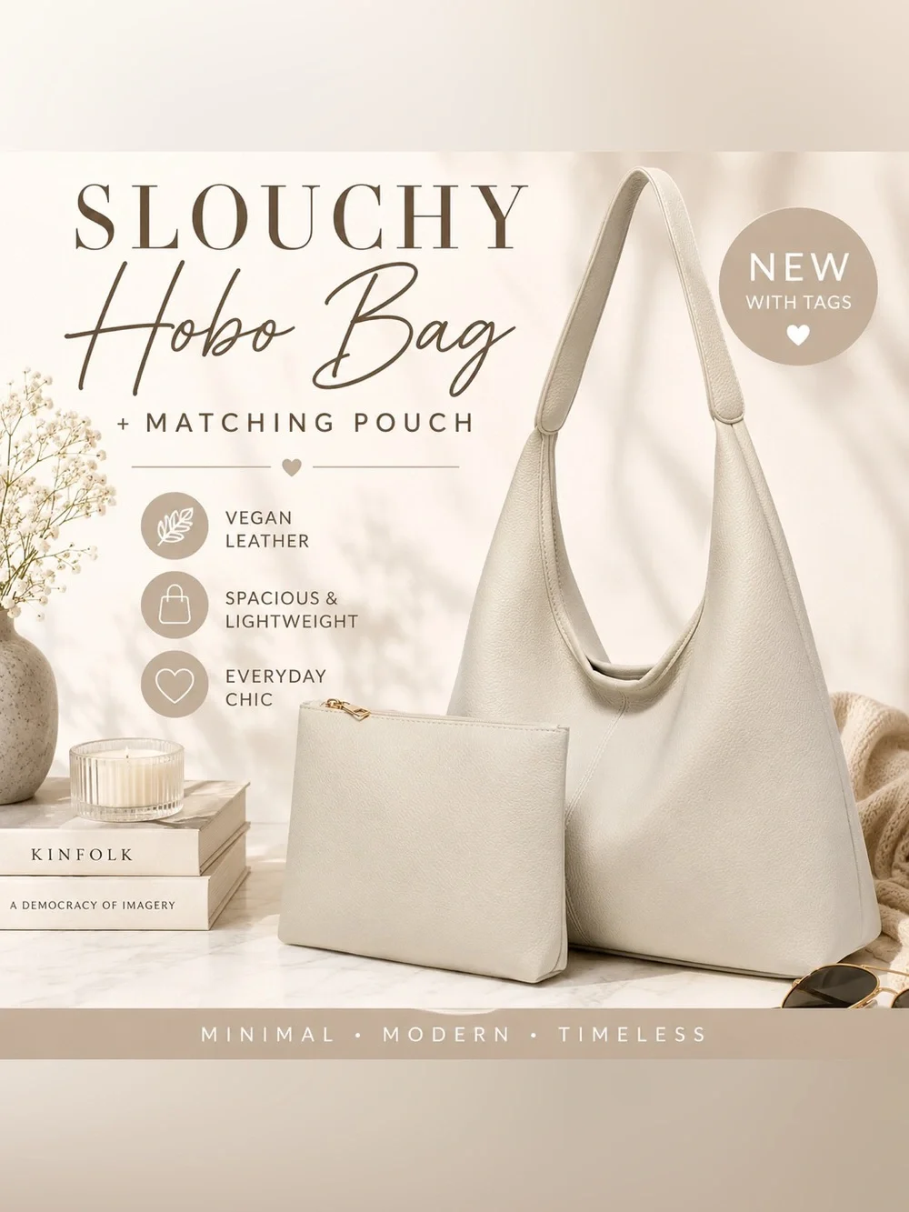 NWT Cream Ivory Slouchy Hobo Shoulder Bag & Matching Pouch Vegan Leather